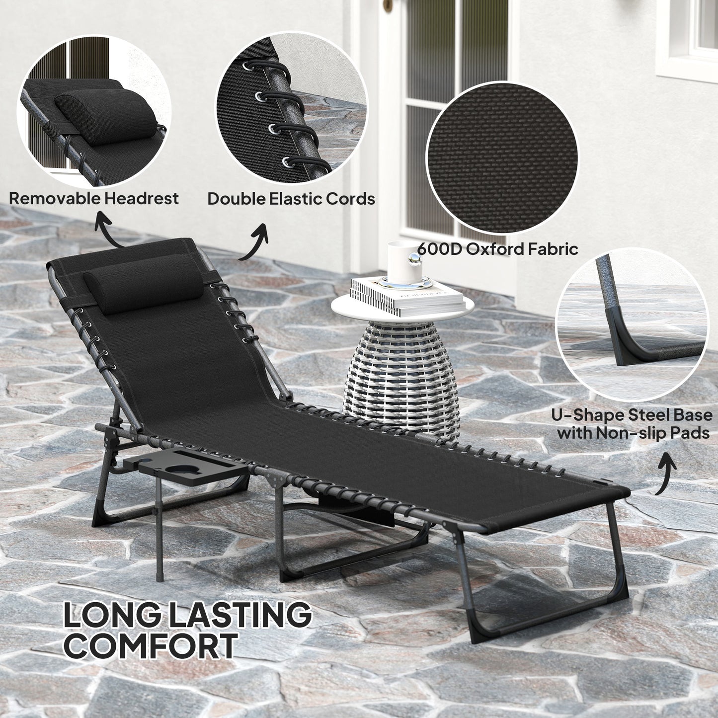 Outsunny Five Position Reclining Sun Lounger Black With Powder Coated Steel Frame And Removable Pillow