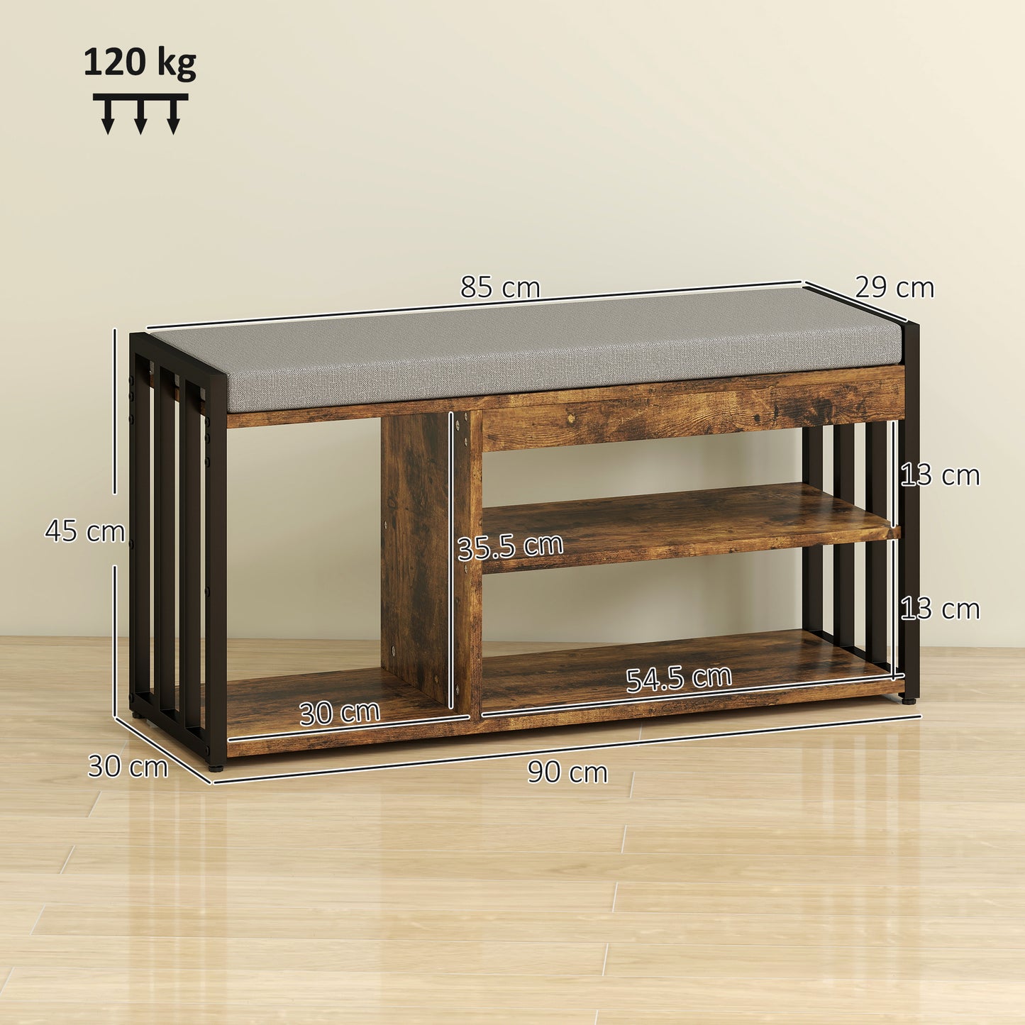 HOMCOM Shoe Storage Bench With Upholstered Seat And Steel Frame Hallway Shoe Organizer With 3 Open Shelves Rustic Brown