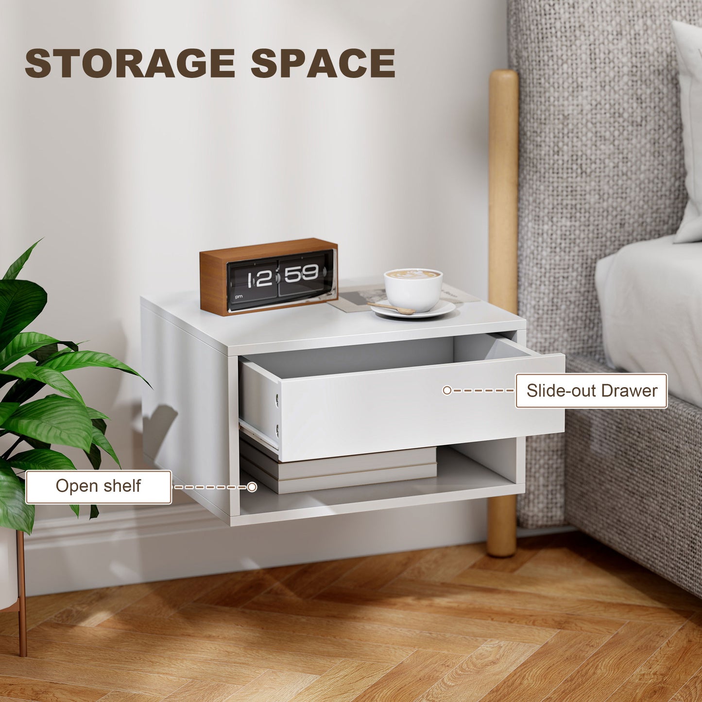 HOMCOM Floating Bedside Tables Set Of Two White With Drawer And Open Shelf Ideal For Nightstand Storage