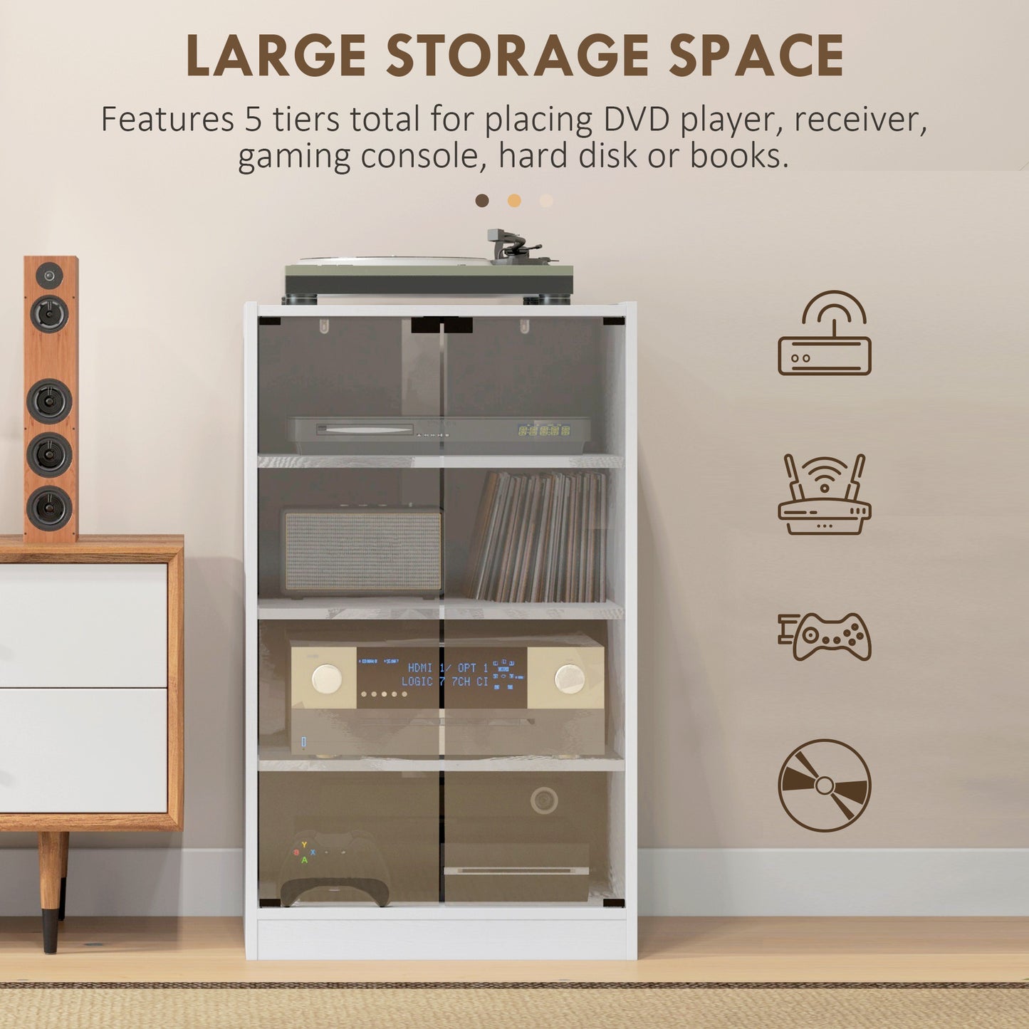 HOMCOM Four Tier Hi Fi Stand Record Player Stand With Adjustable Shelves And Push To Open Glass Doors White Wood Effect