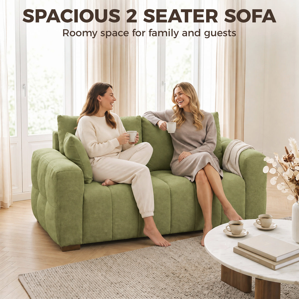 Green velvet 2-seater sofa with wide arms and deep seat cushions, shown with two seated people.