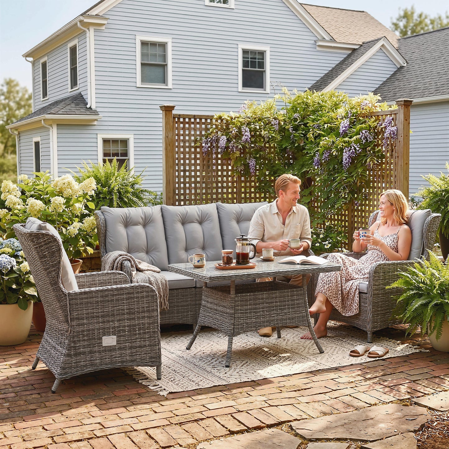 Outsunny 5 Seater Rattan Garden Furniture Set With Sofa And Reclining Chairs Table Grey Patio