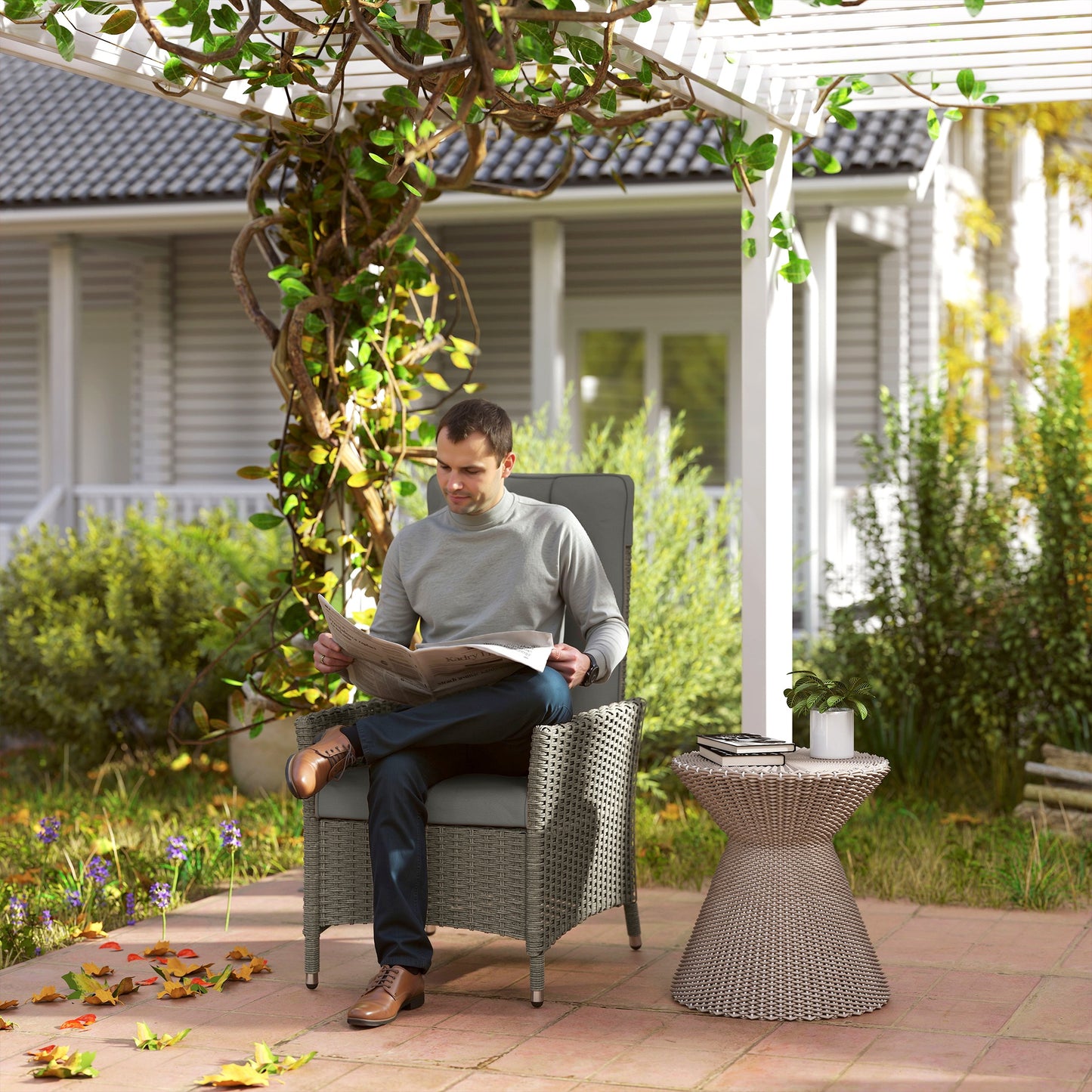 Outsunny Reclining Rattan Chair 105 To 150 Degrees Backrest Grey Cushioned Outdoor Lounger