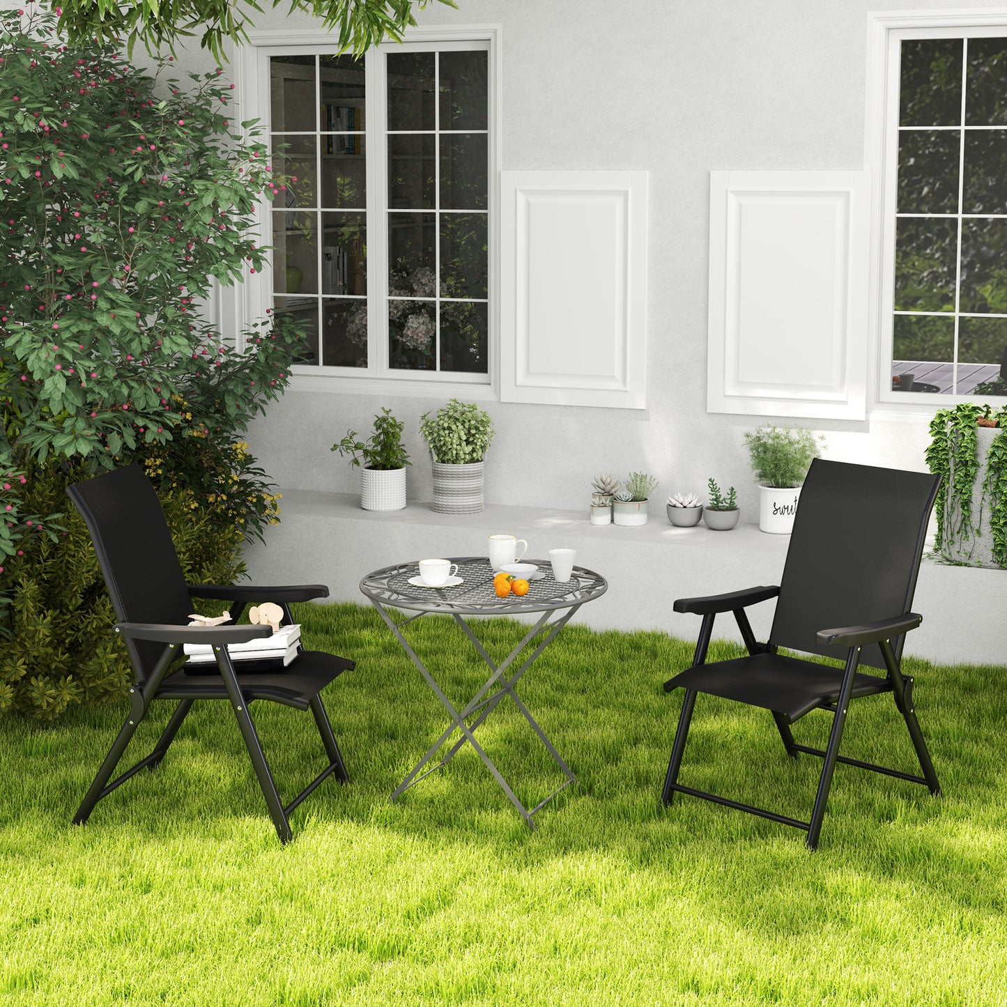 Outsunny Two Folding Outdoor Chairs Black Breathable Mesh Seats With Powder Coated Steel Frames For Garden And Patio