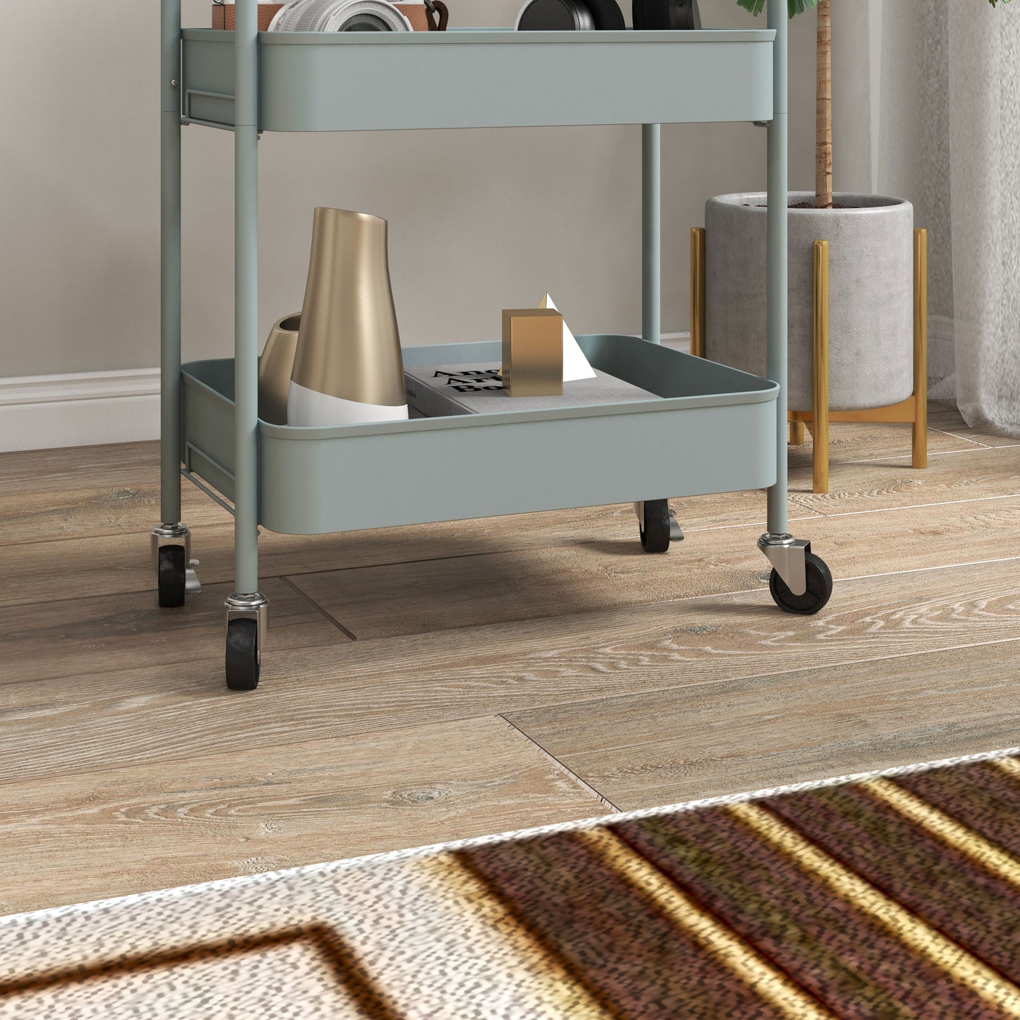 HOMCOM Three Tier Steel Storage Trolley Light Blue Rolling Cart With Small Medium And Large Baskets
