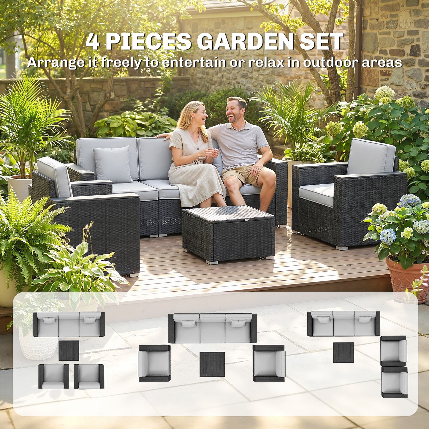 Outsunny 5 Seater Rattan Garden Furniture Set With Wide Armrests Cushions Pillows For Patio Dark Grey