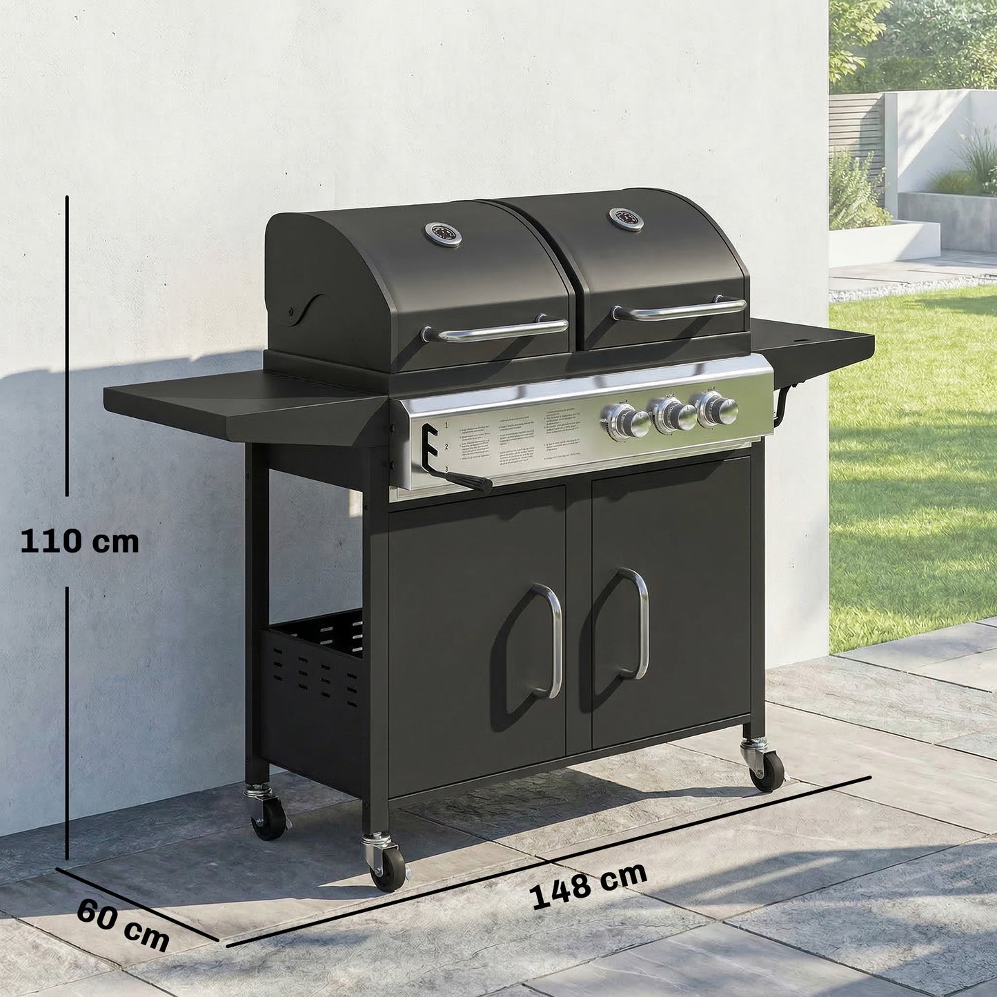 Outsunny Dual Fuel BBQ Grill 2 In 1 Gas Grill And Charcoal Smoker Hybrid With Wheels