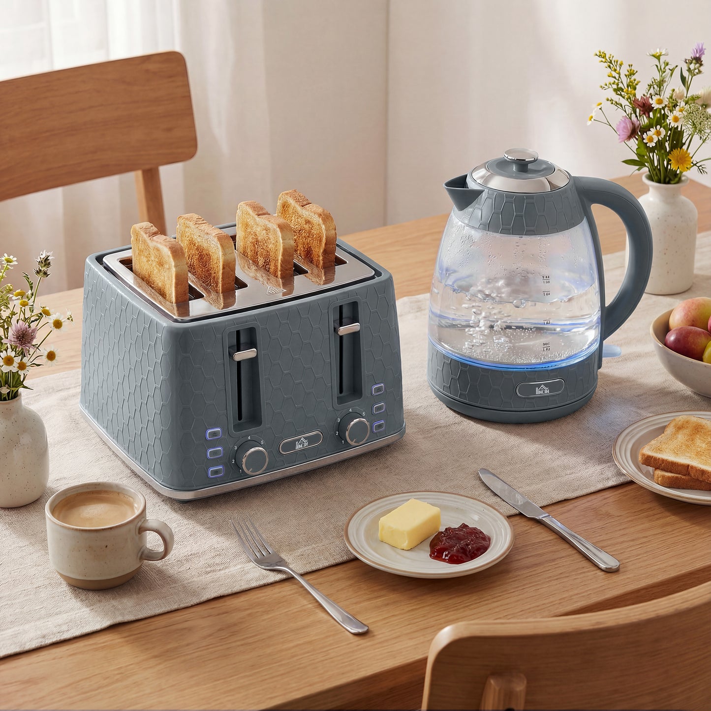 HOMCOM Kettle and Toaster Set 1.7L 3000W Fast Boil with Strix Thermostat 4 Slice Toaster 7 Browning Levels Grey