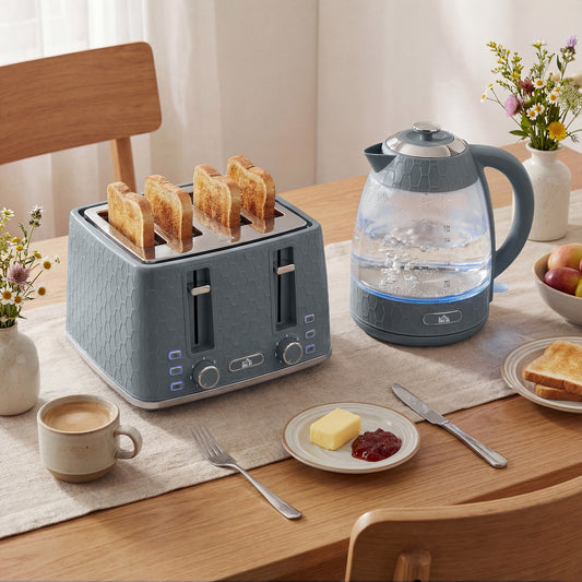 HOMCOM Kettle and Toaster Set 1.7L 3000W Fast Boil with Strix Thermostat 4 Slice Toaster 7 Browning Levels Grey