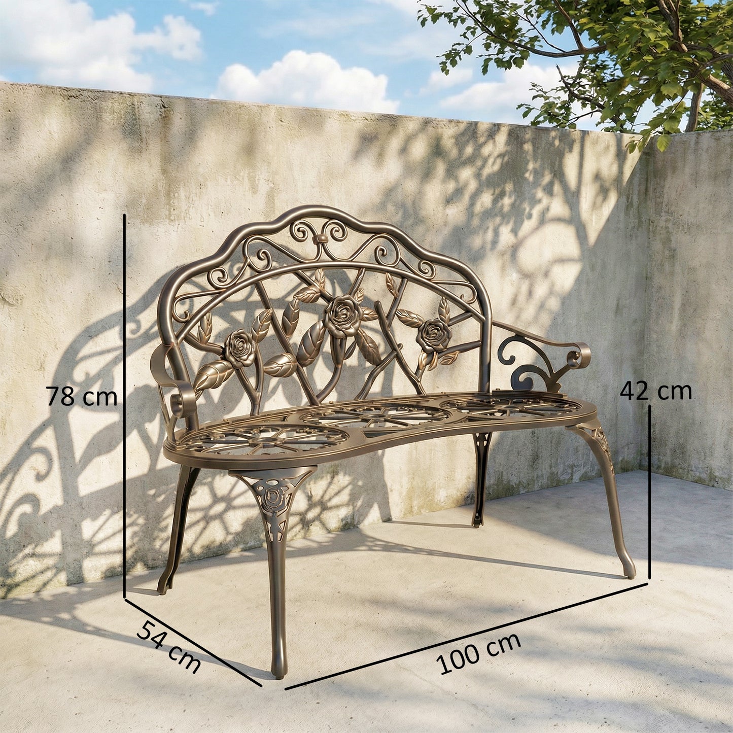 Outsunny Cast Aluminium Garden Bench In Bronze Tone With Classic Rose Pattern And Curved Front For Lasting Comfort