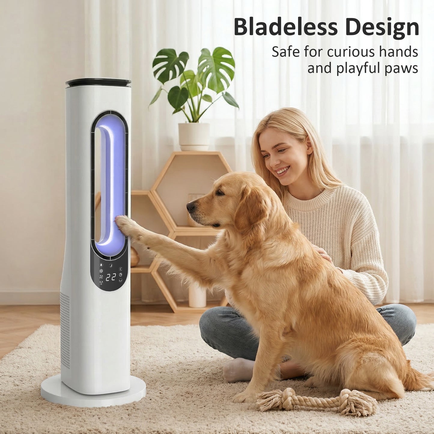 HOMCOM Bladeless Tower Fan Bedroom Quiet 35 dB Sleep Mode 50 Degree Oscillation LED Display 3 Speeds 15 Hour Timer White