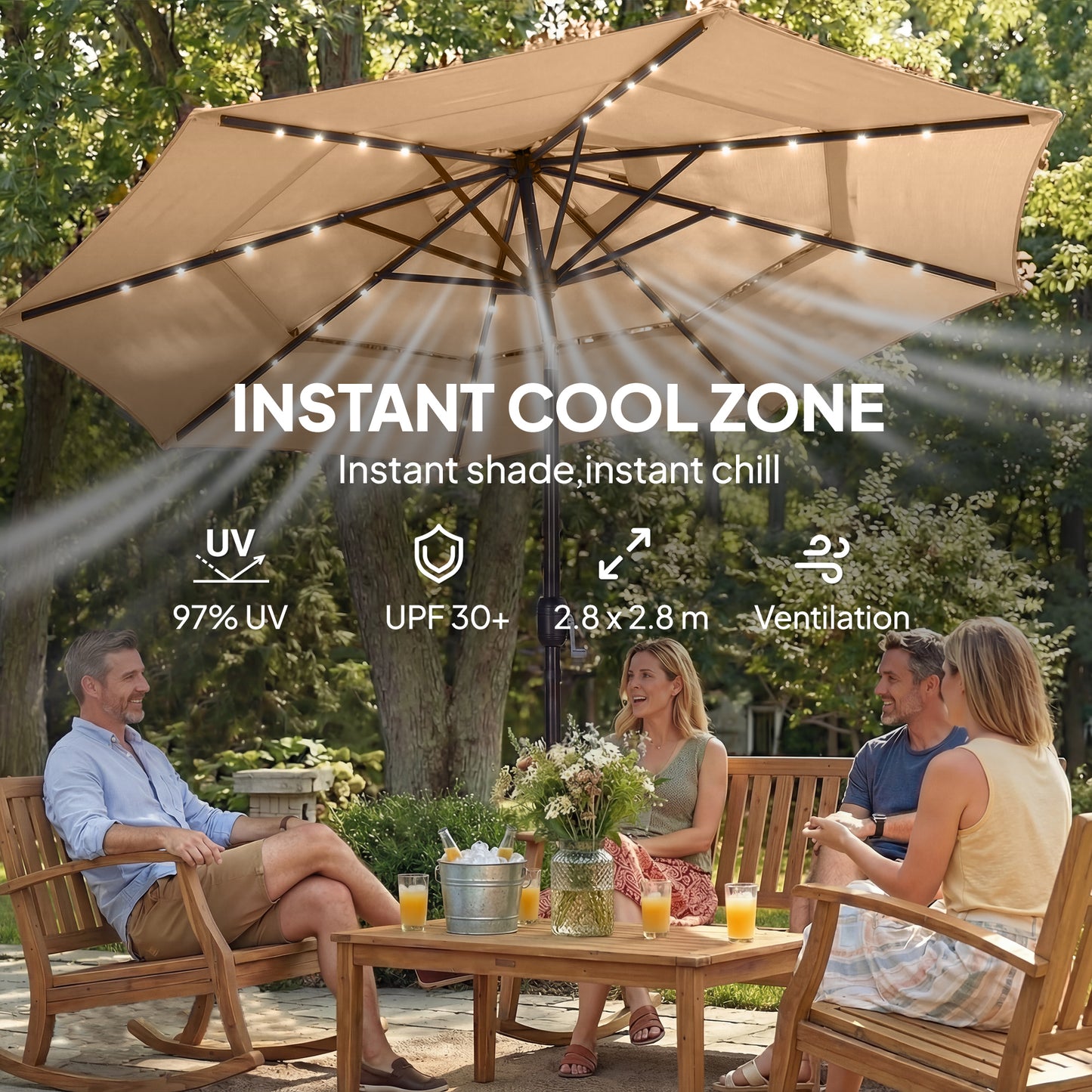 Outsunny 2.8m Garden Parasol Umbrella With LED Solar Light Parasol Cover 3 Tier Outdoor Table Market Patio Khaki