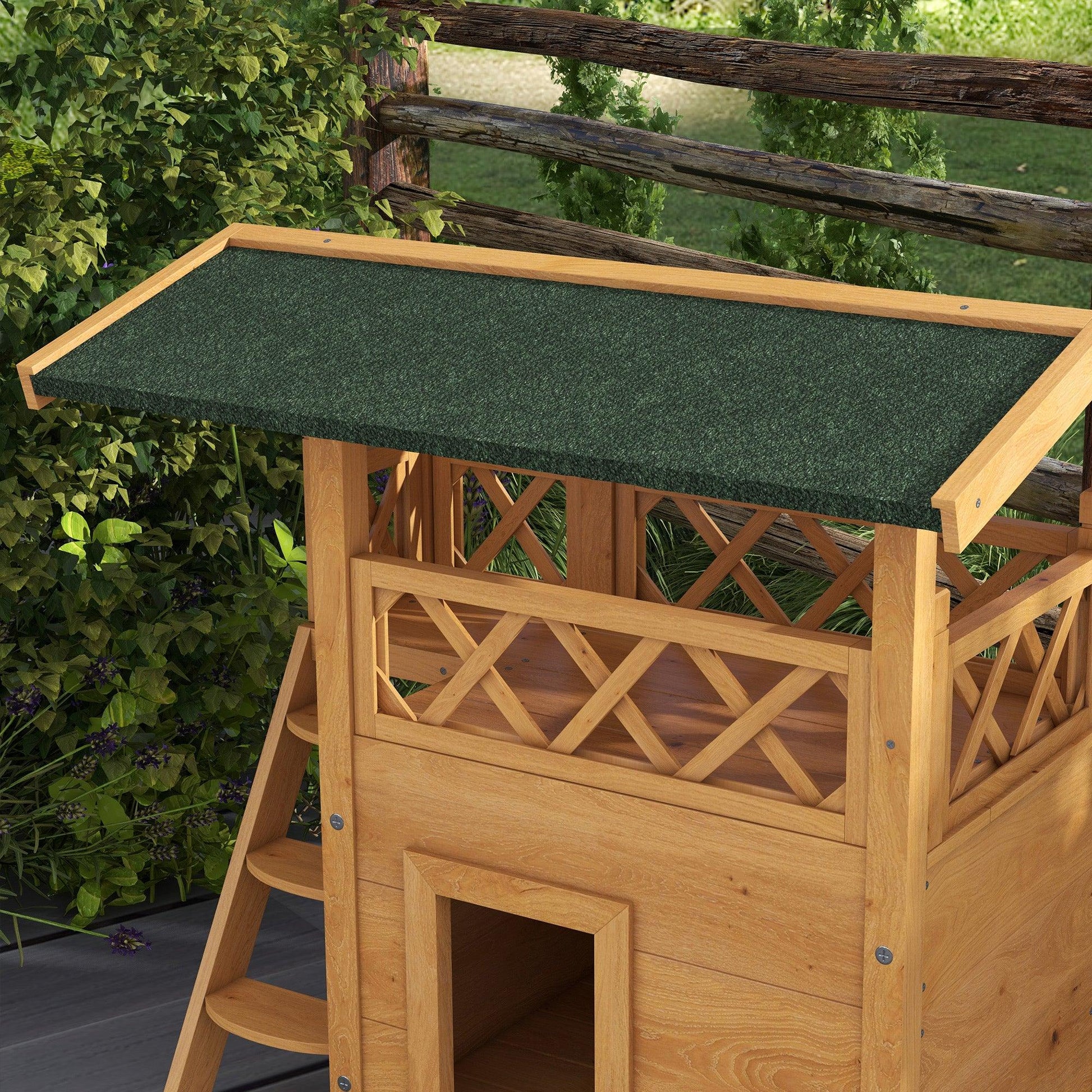 PawHut Outdoor Cat House w/ Balcony Stairs Roof, Natural Wood Finish - ALL4U RETAILER LTD