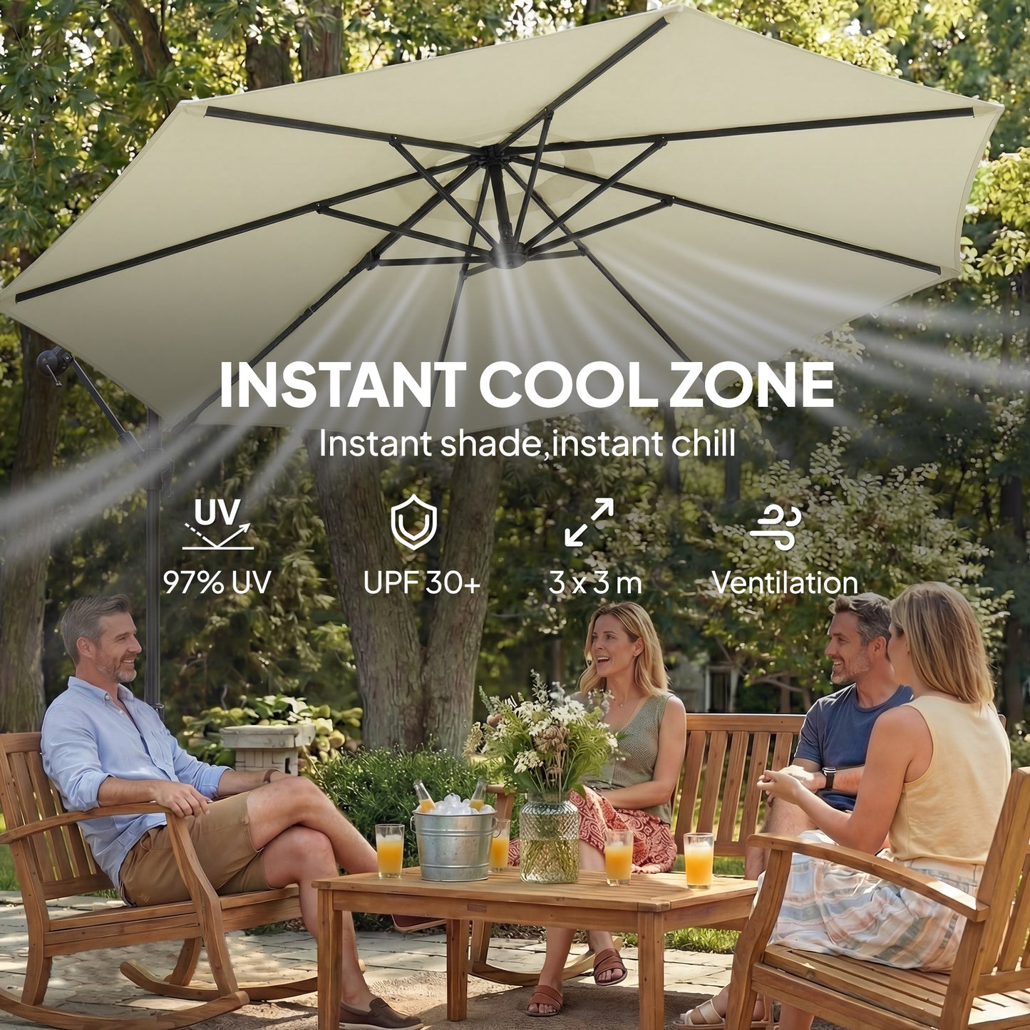 Outsunny 3 m Cantilever Garden Parasol With Cross Base Sandbag 360 Degree Rotation Overhanging Banana Umbrella Beige