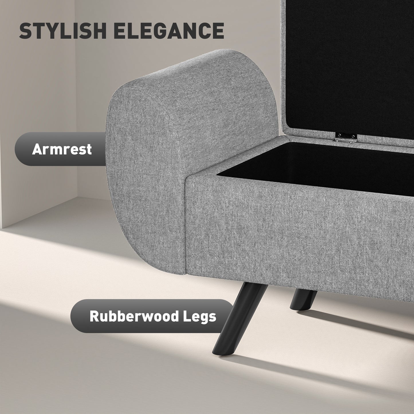 HOMCOM Storage Ottoman With Armrest Linen Upholstered Bench Lift Top Chest Dark Grey Window Seat Footstool