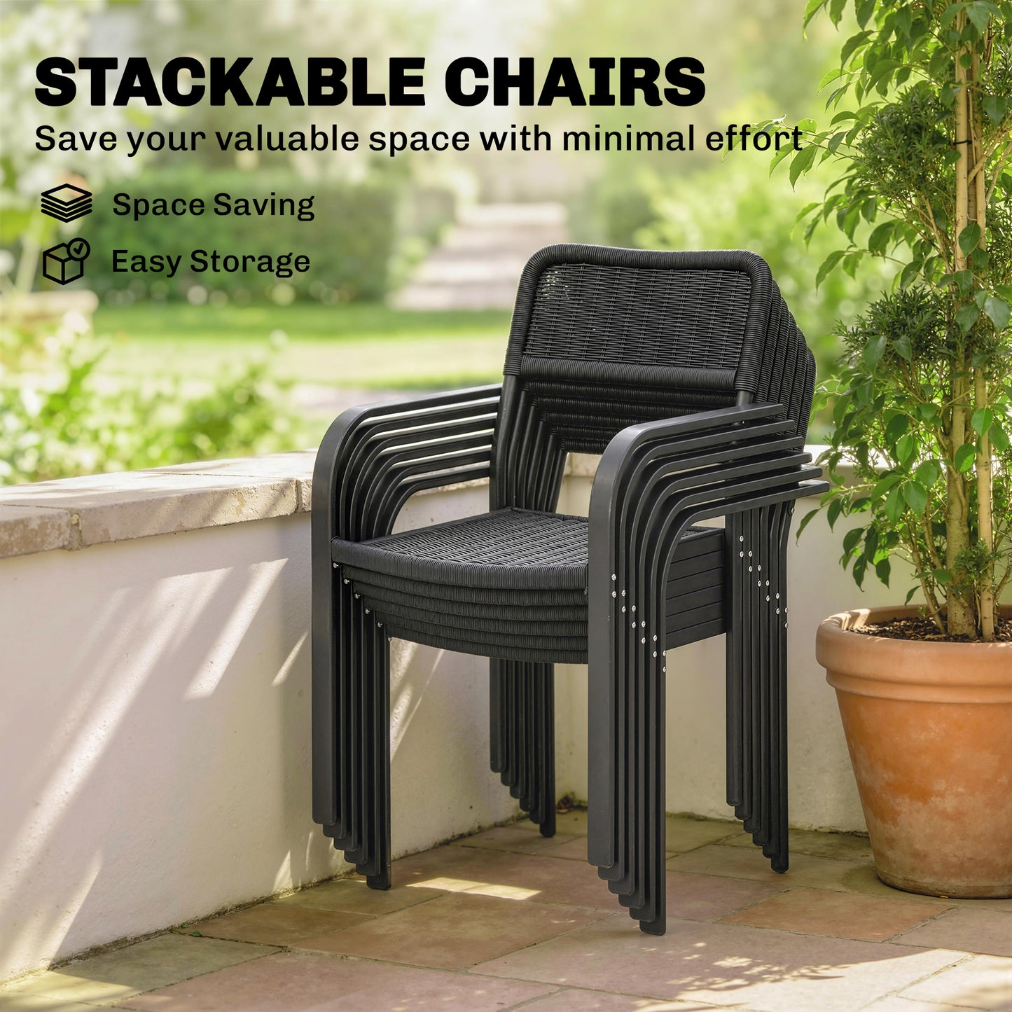 Outsunny Outdoor Garden Dining Set For Six With Faux Wood Table And Stackable Metal Chairs Rattan Effect Seats Black