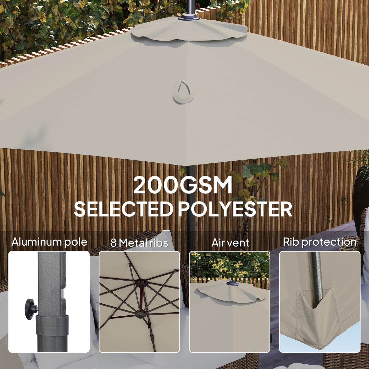 Outsunny 3m Five Angle Cantilever Parasol With Aluminium Frame And 360 Degree Rotating Canopy Light Grey