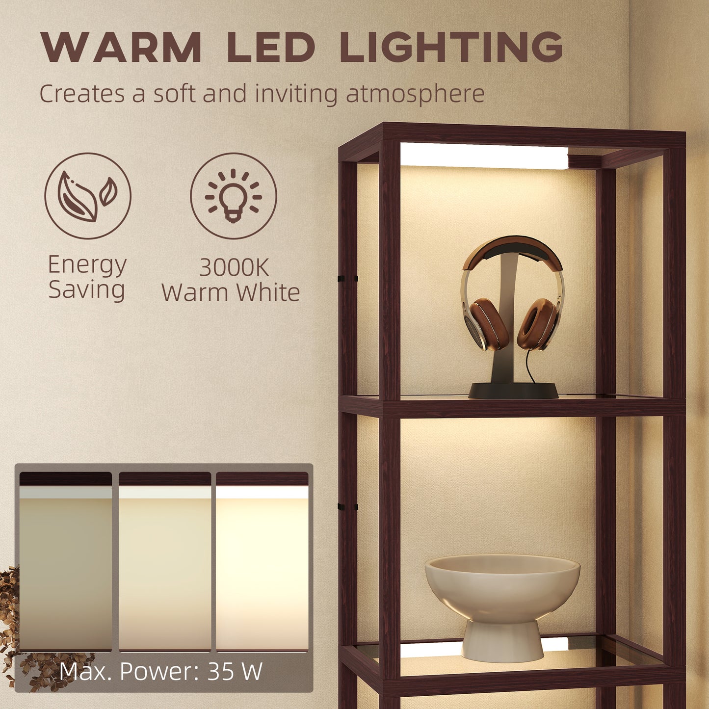 HOMCOM Four Shelf Floor Lamp With Warm White LEDs And Built In Storage And Tempered Glass Shelves Dark Brown