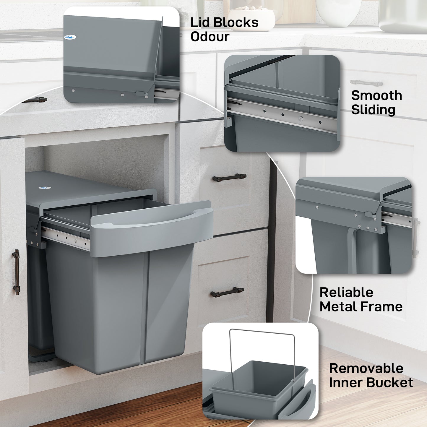 HOMCOM Pull Out Kitchen Bin Under Sink With Dual Removable Compartments And Smooth Glide Grey