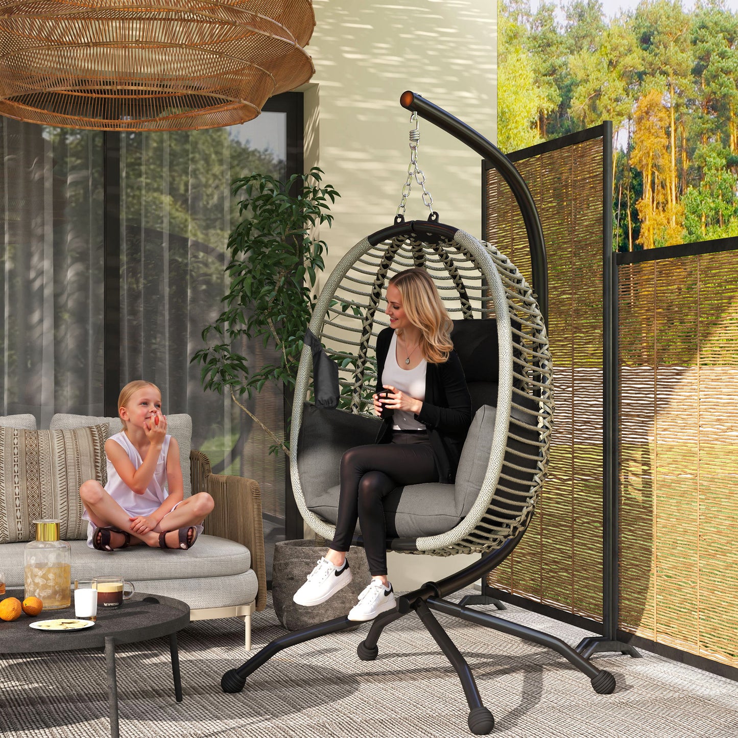 Outsunny Outdoor Hanging Egg Chair With Thick Padded Cushion And Metal Stand Foldable Basket Cup Holder