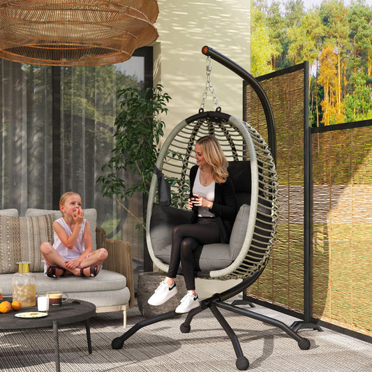 Outsunny Outdoor Hanging Egg Chair With Thick Padded Cushion And Metal Stand Foldable Basket Cup Holder