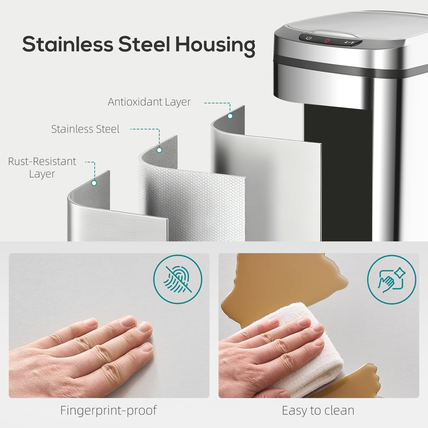 HOMCOM 12L Sensor Bin With Touchless Motion And Manual Button Fingerprint Resistant Stainless Steel Kitchen Bin Silver