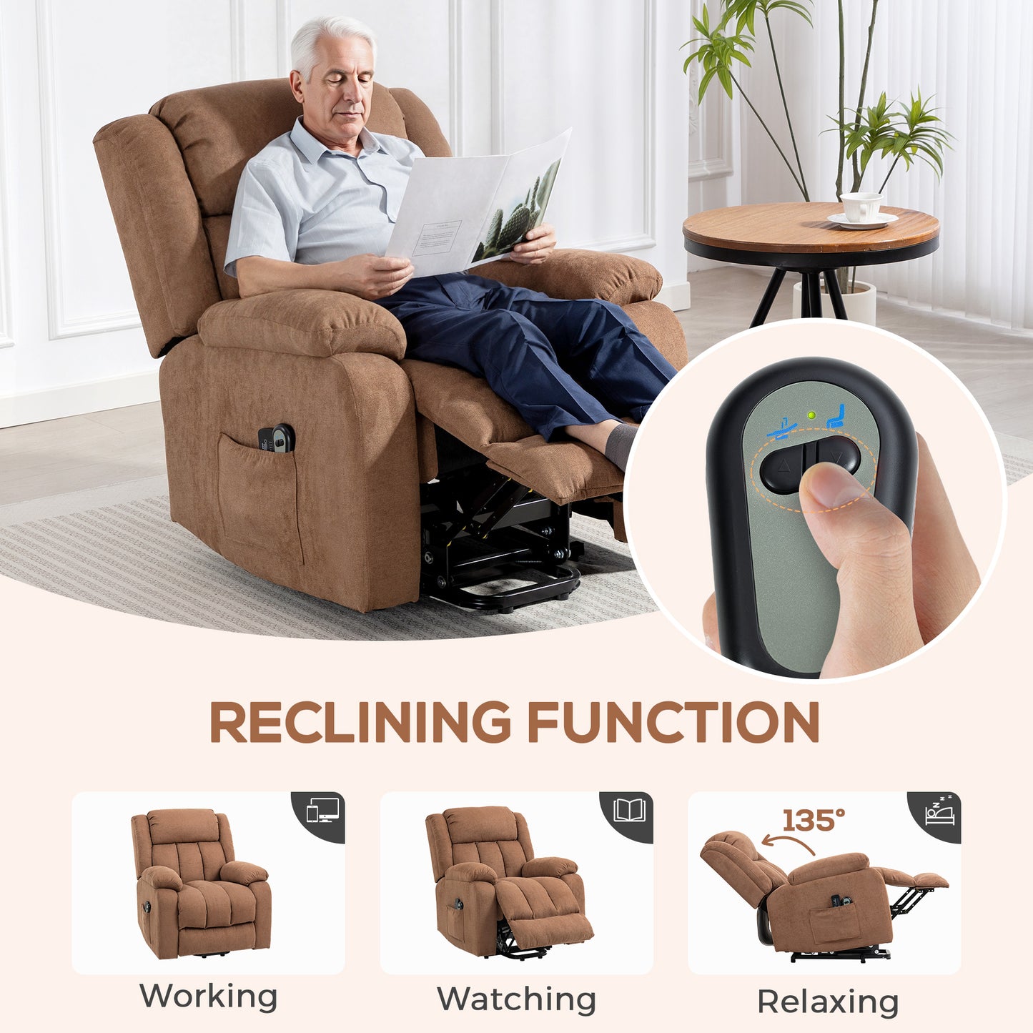 HOMCOM Power Lift Recliner Chair With Massage And Side Pocket For Elderly With Footrest Remote Brown