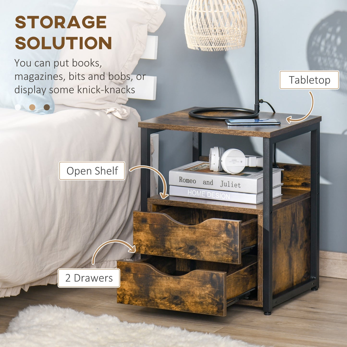 HOMCOM Industrial Side Table Set of 2 with Drawers and Open Shelf Slim Nightstands Rustic Brown Living Room and Bedroom