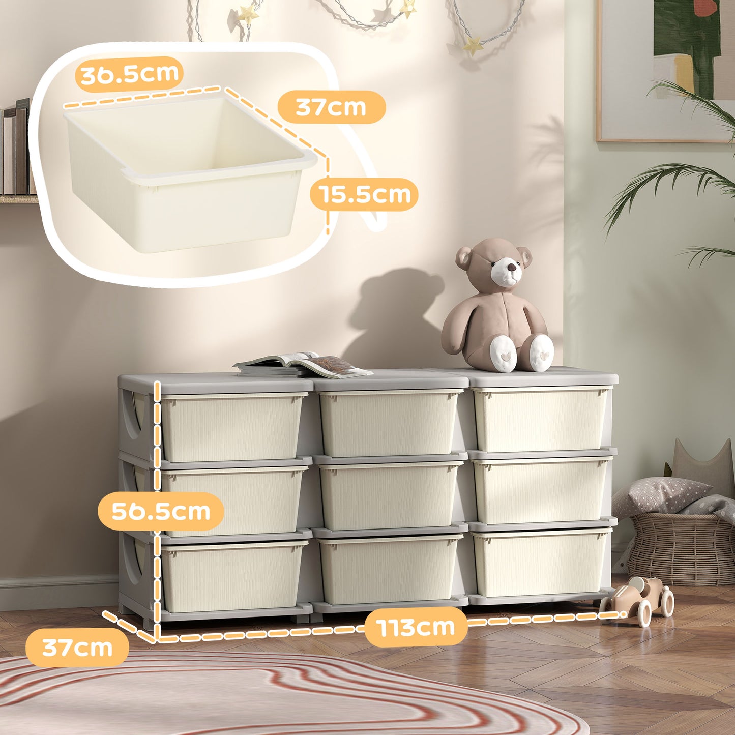 HOMCOM Kids Storage Unit With Nine Drawers Cream Plastic Toy Organizer For Toys And Books
