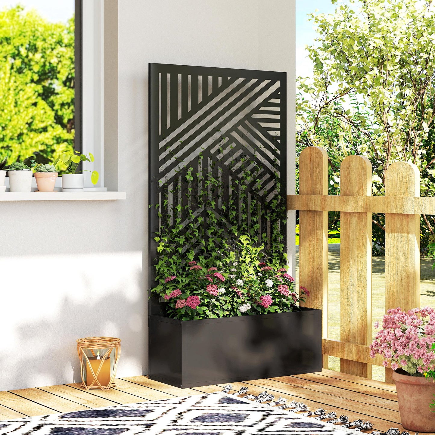 Outsunny Metal Raised Garden Bed With Trellis And Privacy Screen, Geometric Slatted Cut Out Planter Box