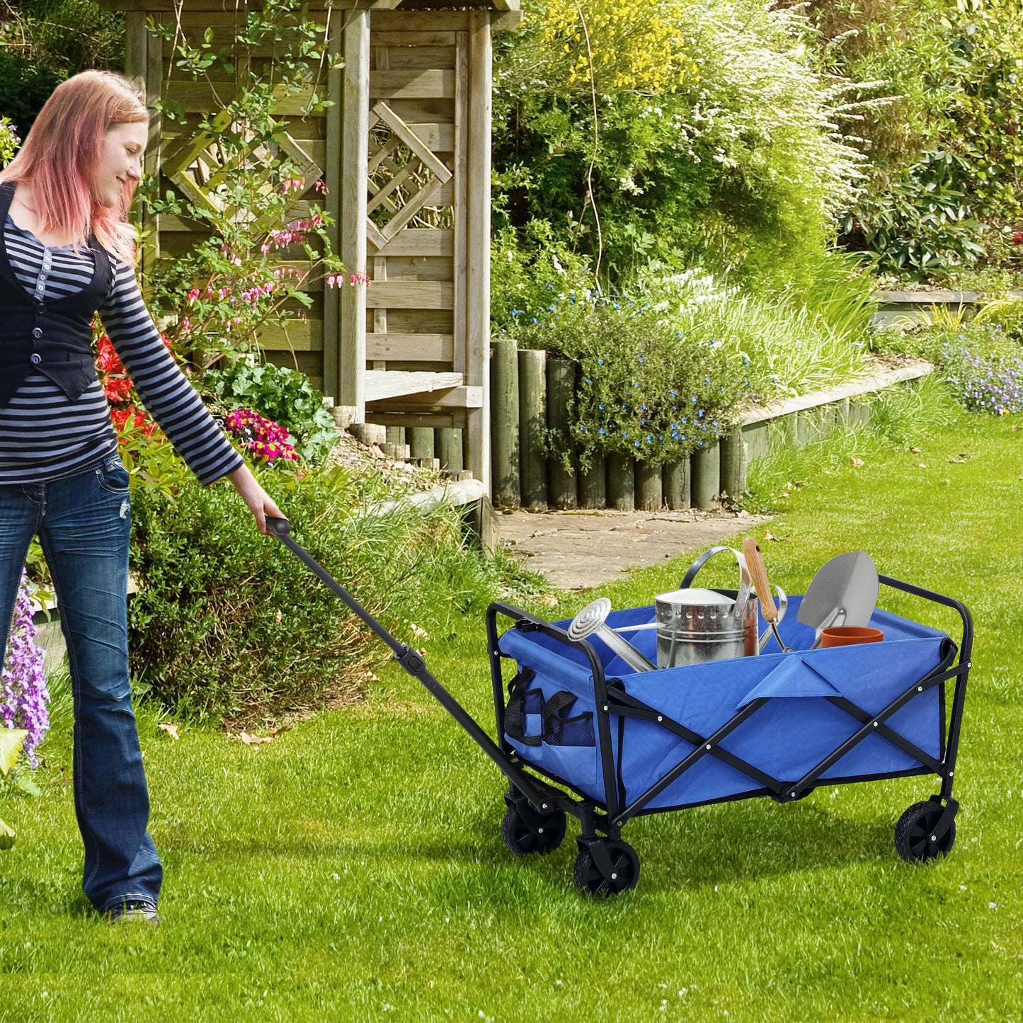 Outsunny 62L Festival Trolley On Wheels With 120Kg Capacity Folding Cart For Beach Camping And Festival Blue