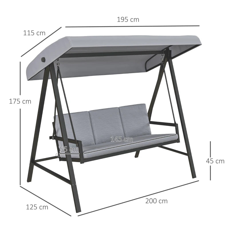 Outsunny Three-Seat Garden Swing Chair with Adjustable Canopy - Grey Patio Swing Bench for Outdoor Relaxation - ALL4U RETAILER LTD