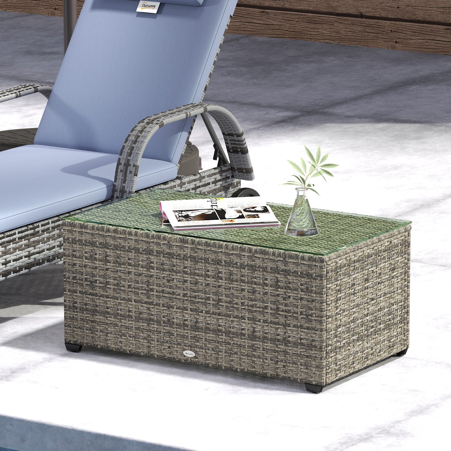 Outsunny 90 x 50cm Glass Top Rattan Side Table Dark Grey Outdoor Garden Furniture With 5mm Tempered Glass