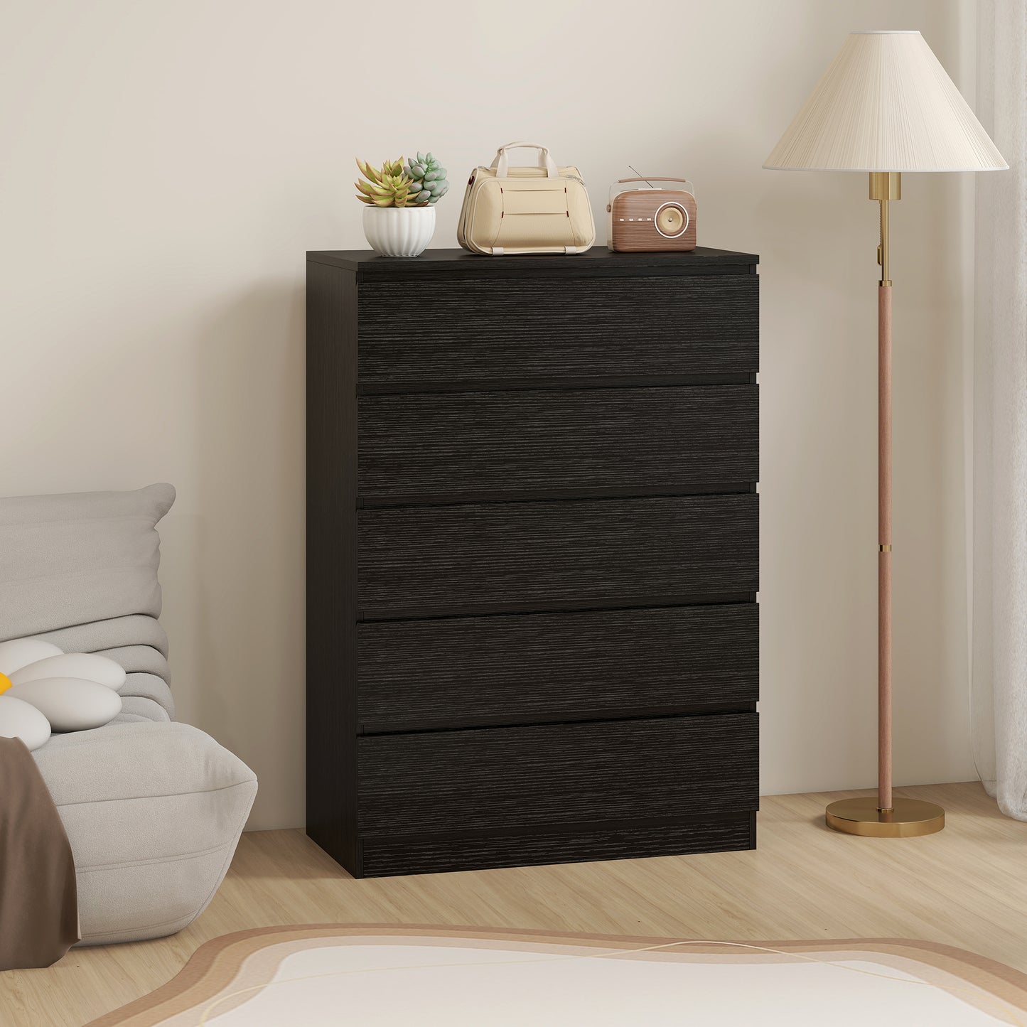 HOMCOM 5 Drawer Chest Of Drawers Modern Black Dresser With Anti Tip Device No Handle Rails For Bedroom Living Room