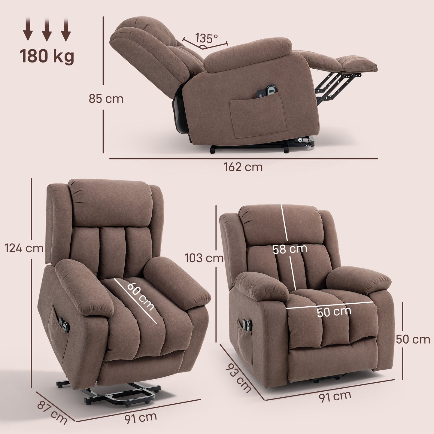 HOMCOM Power Lift Recliner Chair With Vibration Massage Footrest For Elderly Remote Control And Side Pocket Dark Brown