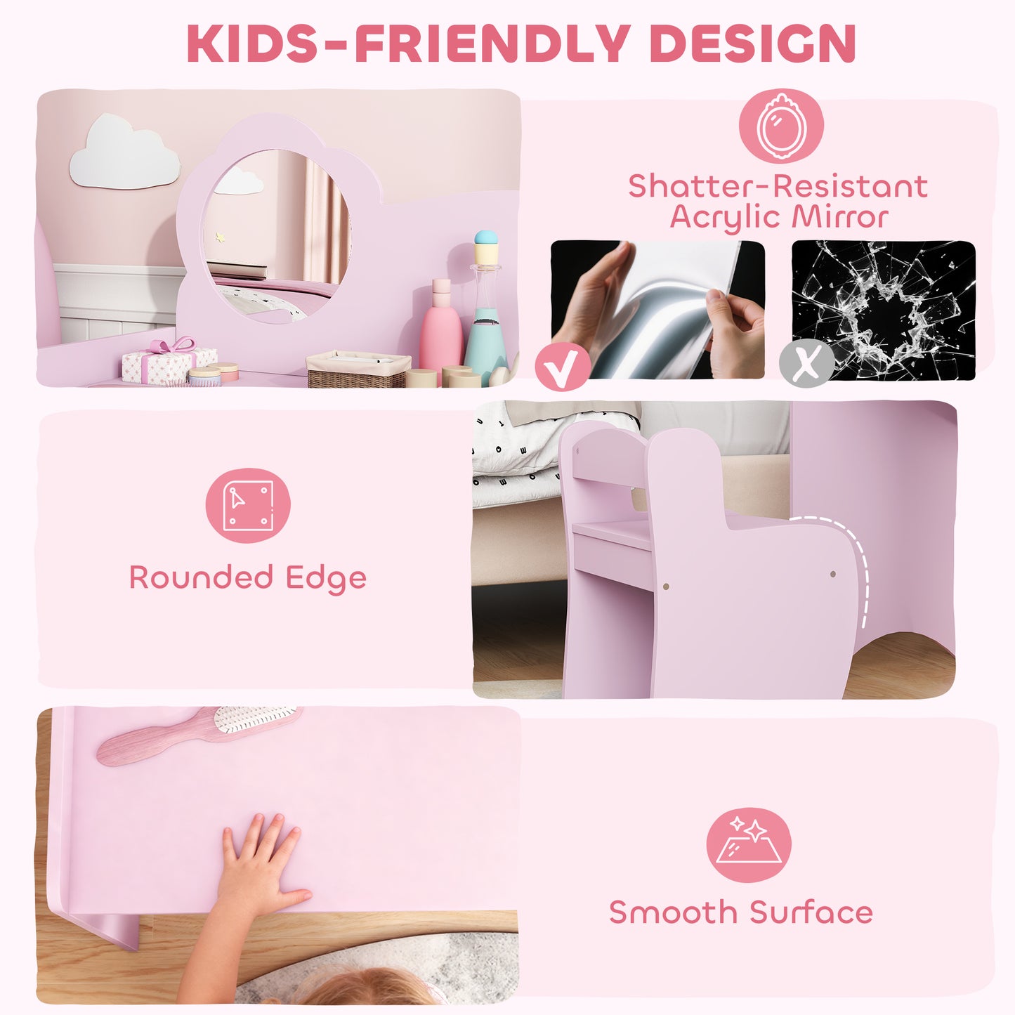 AIYAPLAY Kids Dressing Table With Mirror And Stool Vanity Table With Shelves For Ages 3 To 8 Purple
