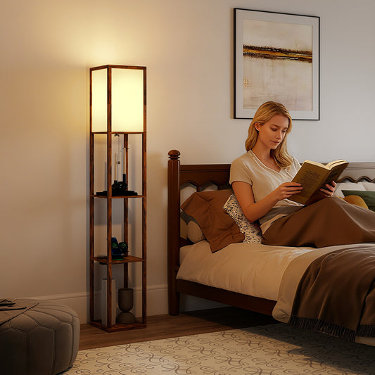 HOMCOM Floor Lamp With Shelves, USB Ports, 3 Colour Temperature, Rustic Brown Standing Lamp