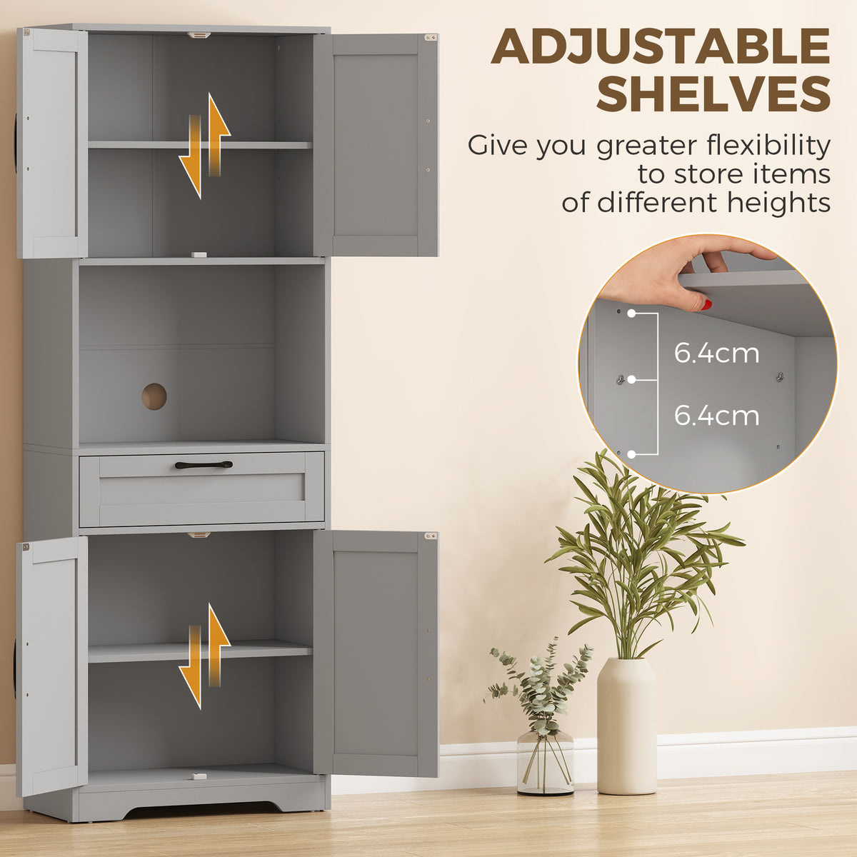 Kitchen pantry cabinet with adjustable shelves and stacked cabinet compartments with doors