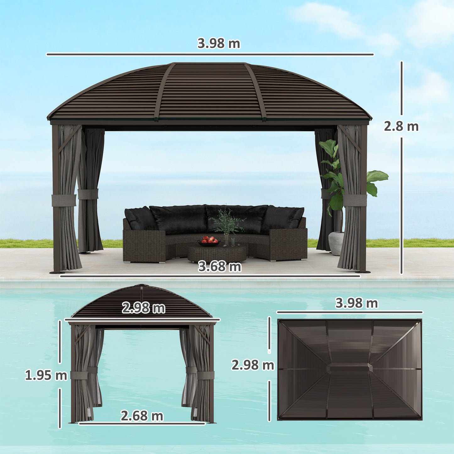 Outsunny 3m By 4m Hardtop Gazebo With Metal Roof And Aluminium Frame Pavilion With Netting Curtains In Dark Grey