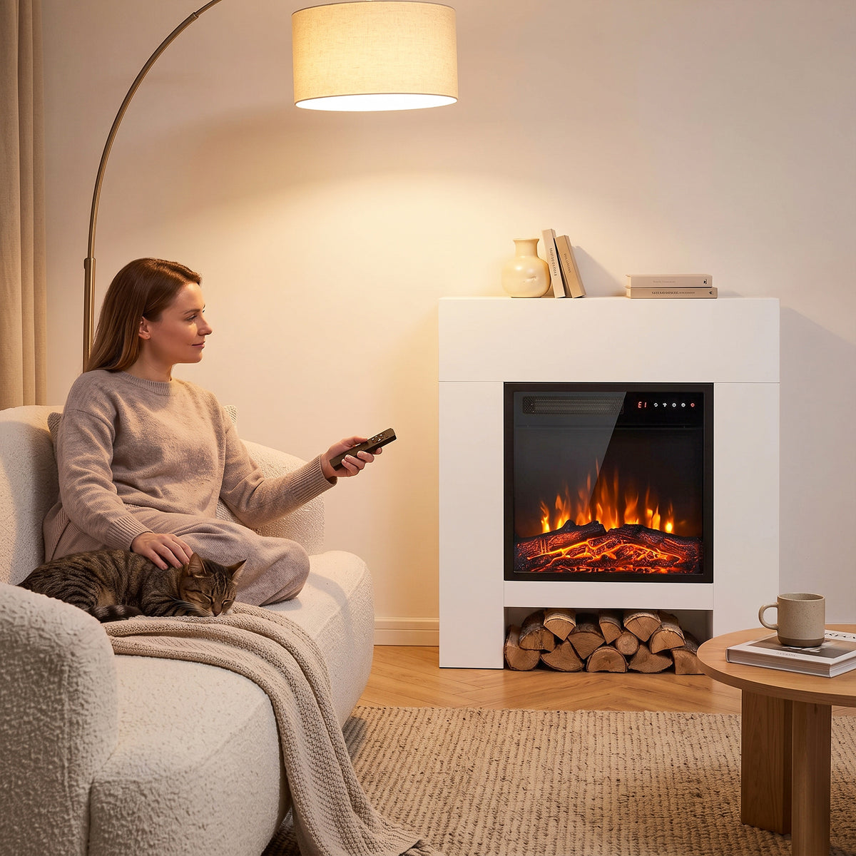 White electric fireplace TV stand with glowing flame screen and log storage shelf