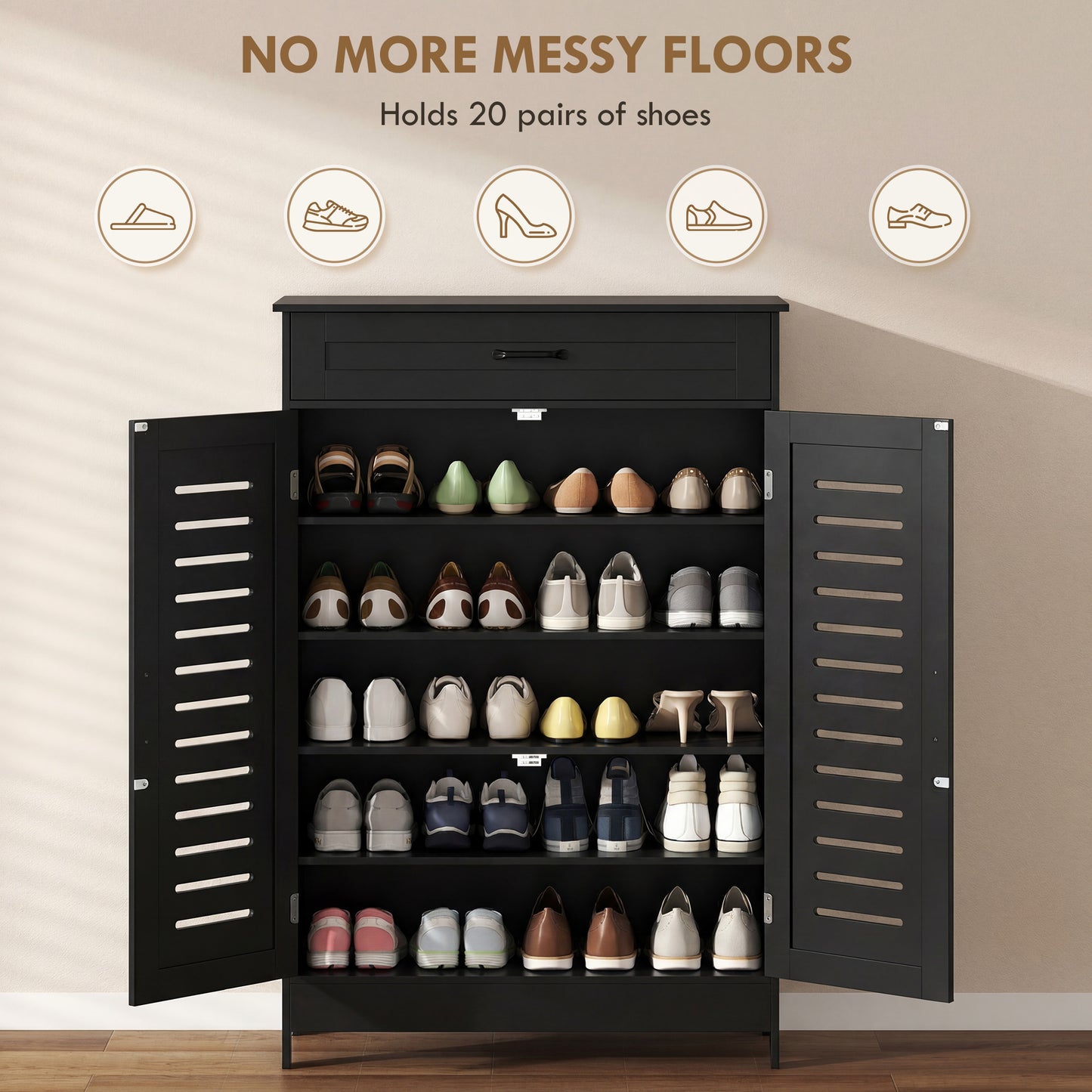 HOMCOM Shoe Cabinet With Louvered Doors, Modern Shoe Storage Cabinet With Drawer And Adjustable Shelves, Black