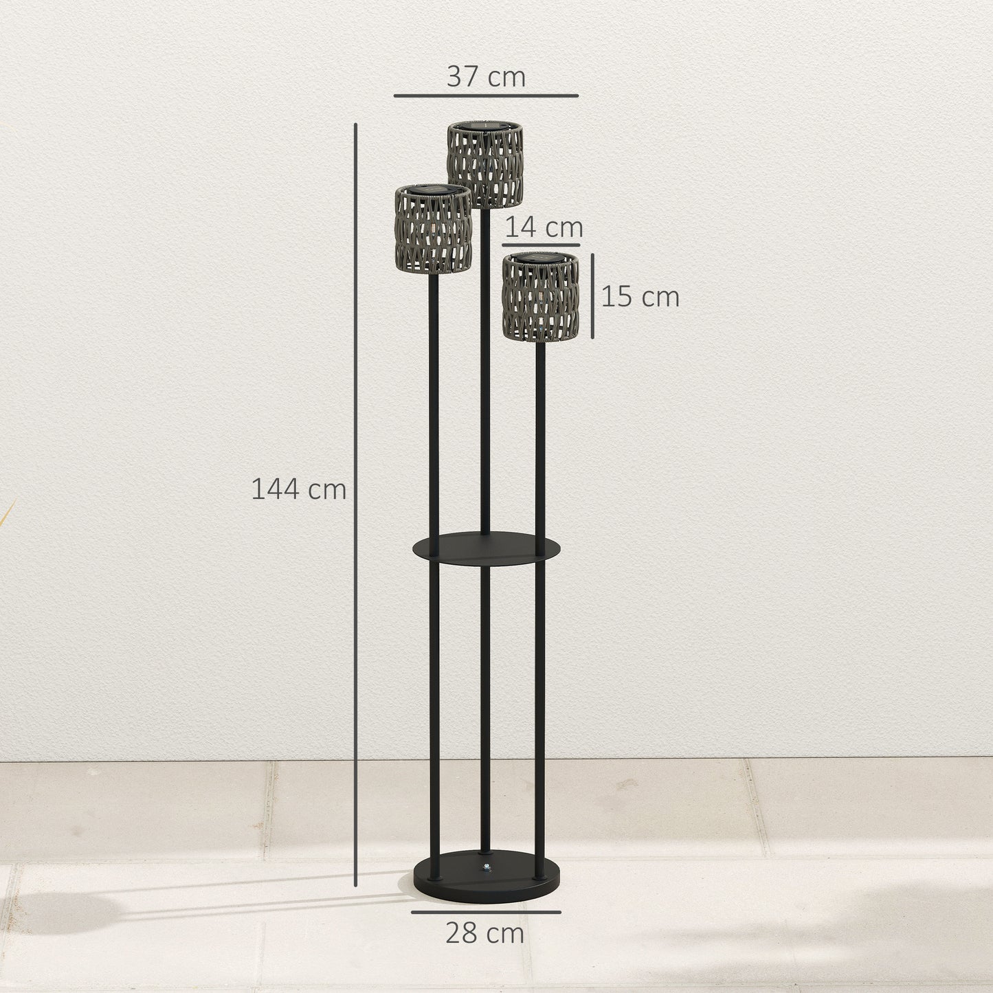 Outsunny Boho Rattan Floor Lamp With Shelf Freestanding Solar Garden Light Auto On Off Grey