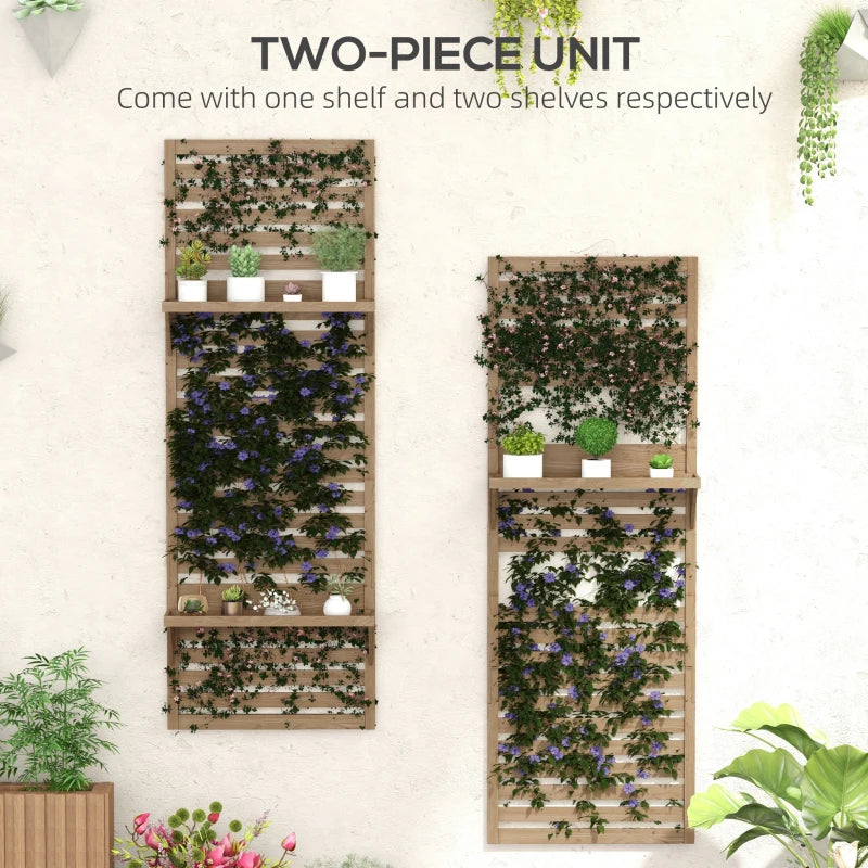 Outsunny Set of 2 Wall Mounted Plant Stands - Fir Wood Flower Stand with Shelves and Slatted Trellis for Patio, Balcony, Porch | Space-Saving Vertical Garden Décor - ALL4U RETAILER LTD