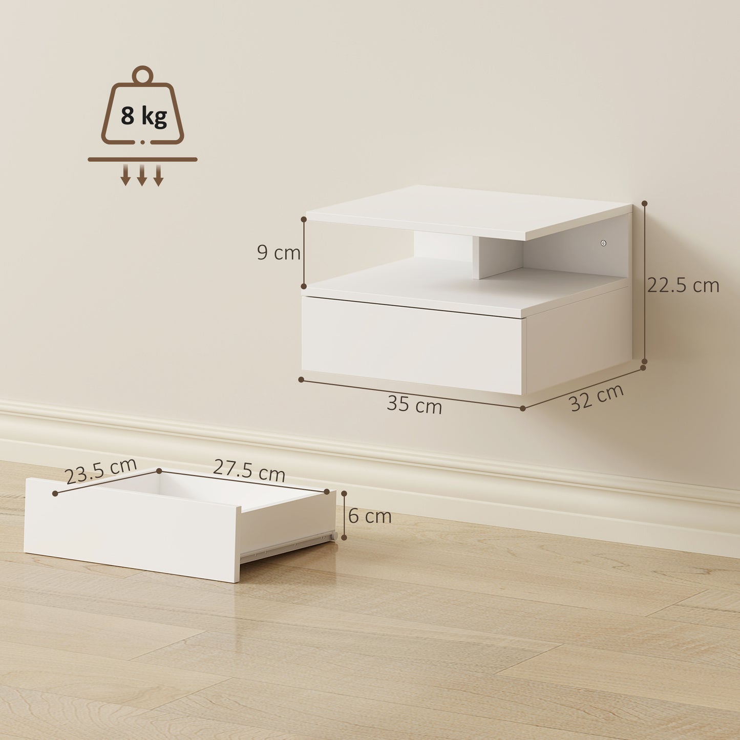 Homcom Floating Bedside Table Set Of Two White Modern Nightstands With Drawers And Open Shelves