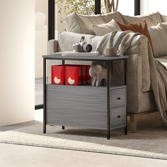 HOMCOM Narrow Bedside Table With 2 Drawers And Storage Shelf Industrial End Table Metal Frame Grey Wood Grain