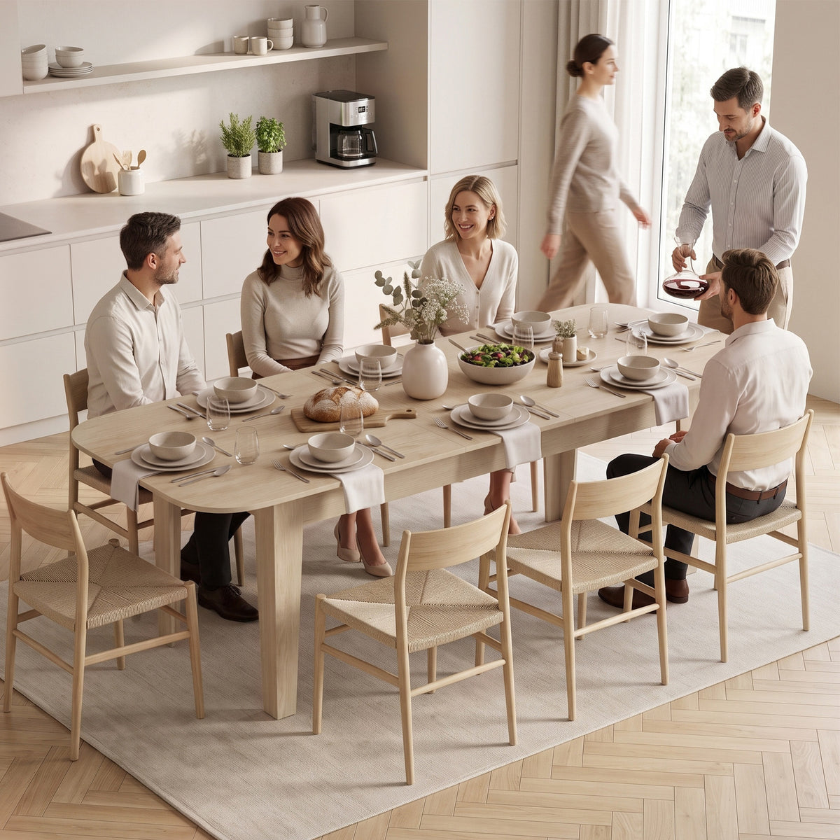 Light oak extendable oval dining table with six dining chairs and dinner settings
