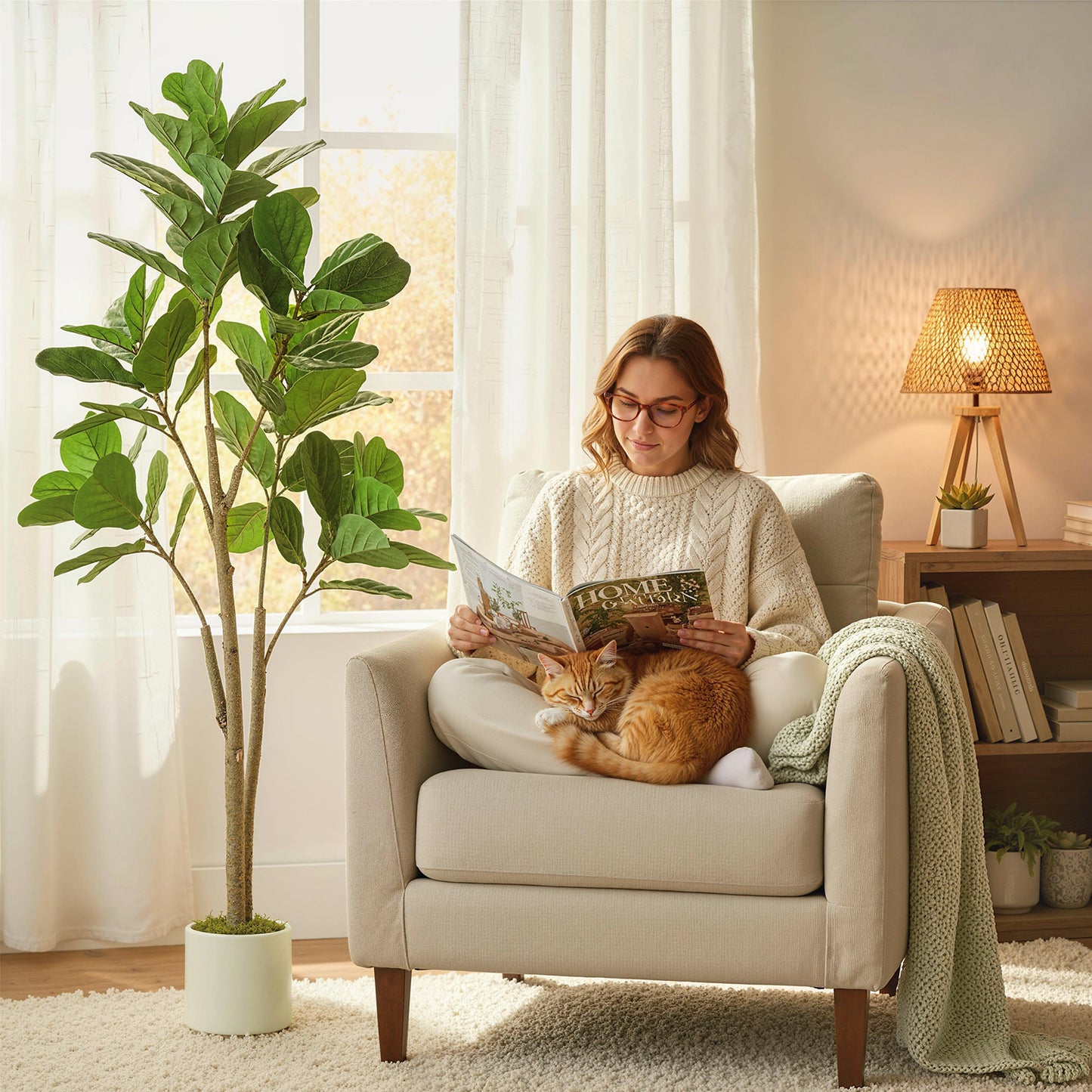 HOMCOM 150cm Artificial Ficus Tree in White Cement Planter with Weighted Base for Realistic Green Indoor Decor