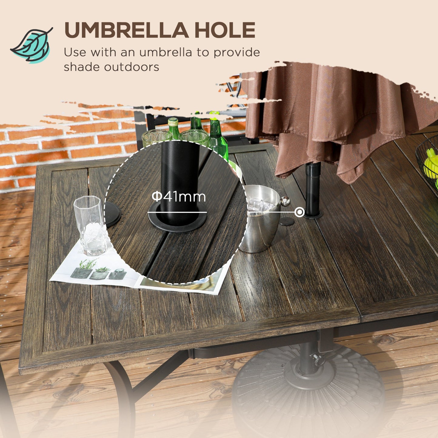 Outsunny Rustic Steel Garden Dining Table for Six with Parasol Hole - Durable Wood-Effect Finish - ALL4U RETAILER LTD