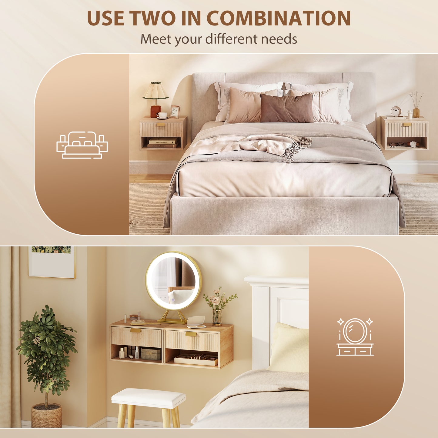 HOMCOM Set Of 2 Wall Mounted Nightstands Floating Bedside Tables With Fluted Drawer And Open Shelf For Small Bedroom Oak