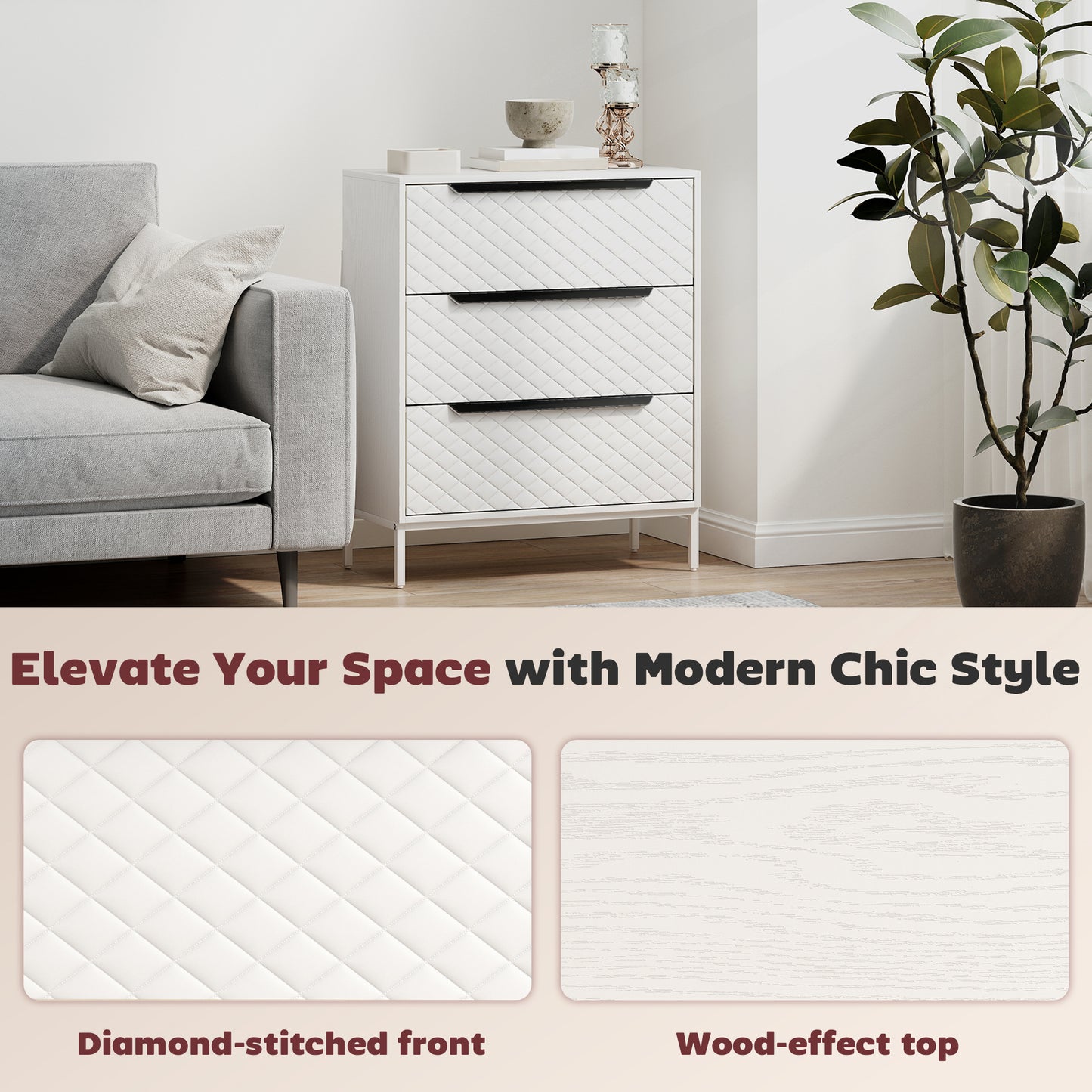 HOMCOM Fabric Chest Of Drawers With Three Drawers And Aluminium Handles White Finish